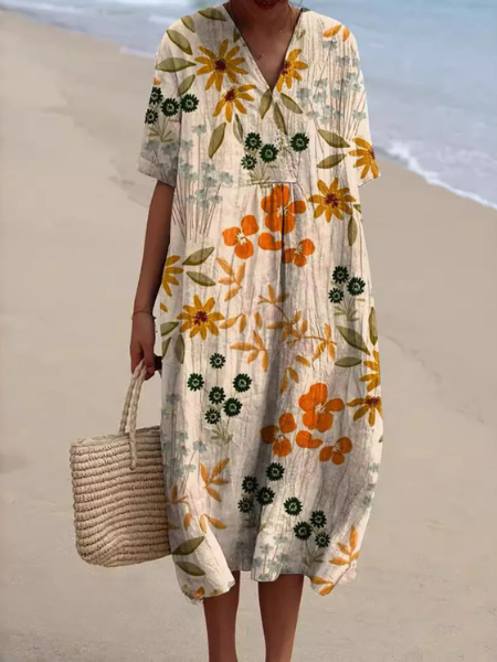 Women's Floral Midi Dress with V-Neck and Short Sleeves - White and Orange Flowers