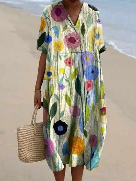 Women's Floral Midi Dress with V-Neck and Short Sleeves - Colorful Flowers