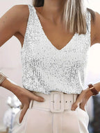 Women's Sequin Tank Top Sleeveless with V-Neck - White