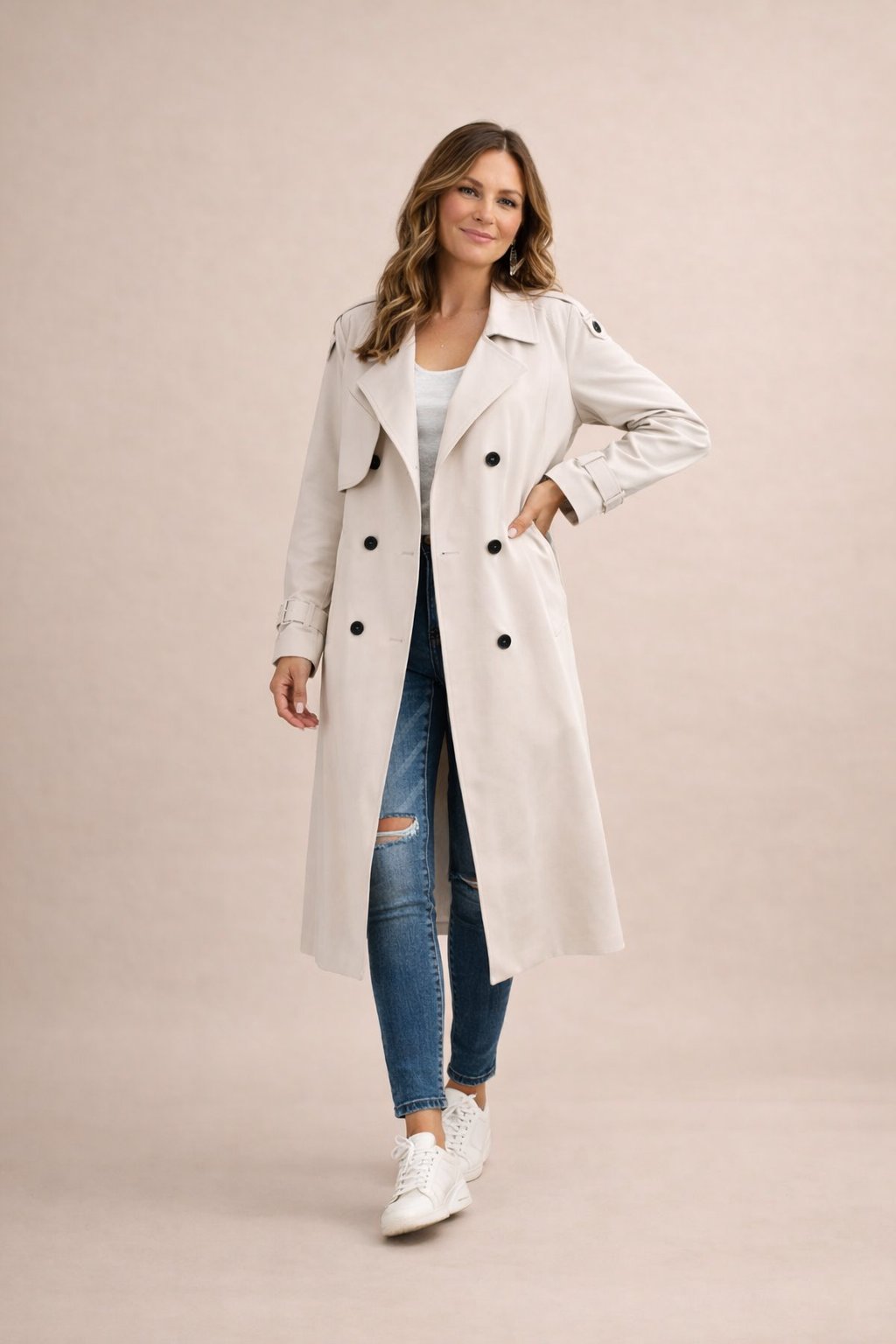 Women's Trench Coat Double Breasted with Belt and Notched Lapel - Khaki