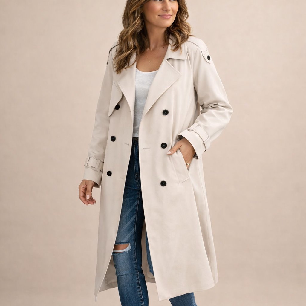 Women's Trench Coat Double Breasted with Belt and Notched Lapel - 2