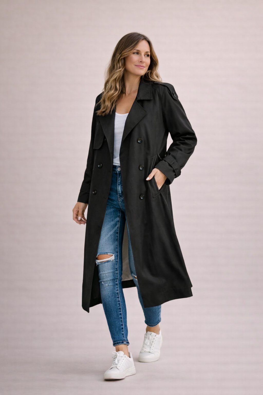 Women's Trench Coat Double Breasted with Belt and Notched Lapel - Black