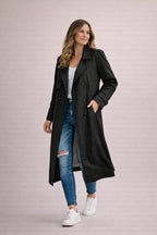 Women's Trench Coat Double Breasted with Belt and Notched Lapel - Black