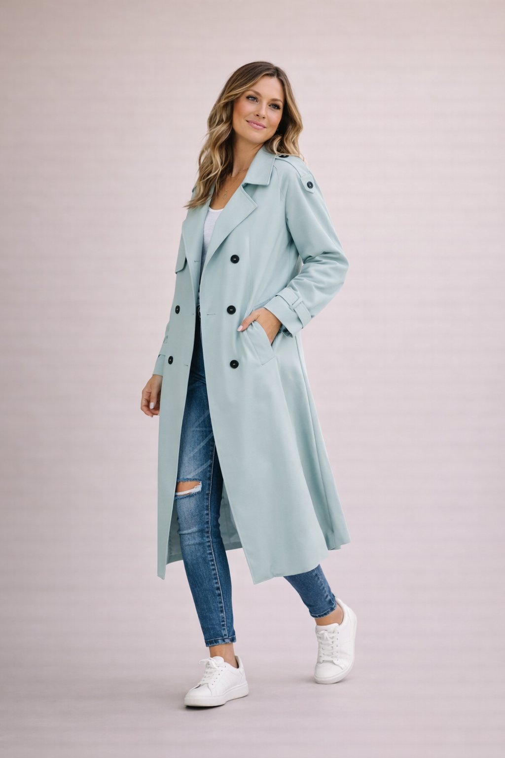 Women's Trench Coat Double Breasted with Belt and Notched Lapel - Light Blue