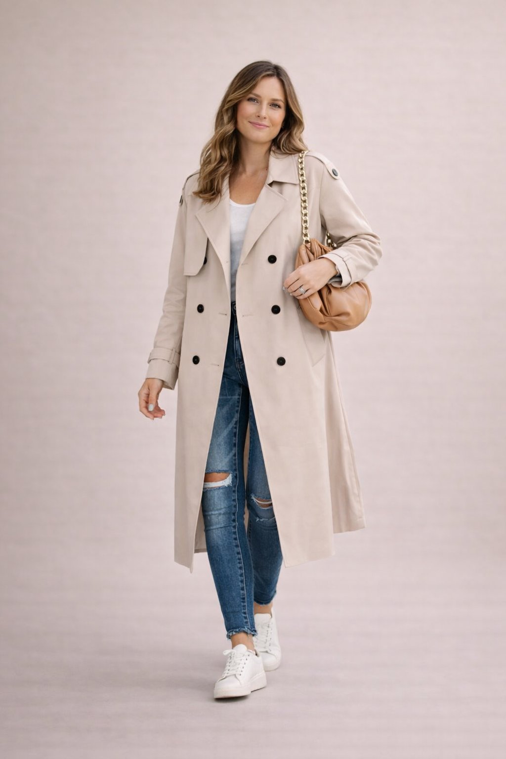 Women's Trench Coat Double Breasted with Belt and Notched Lapel - 6