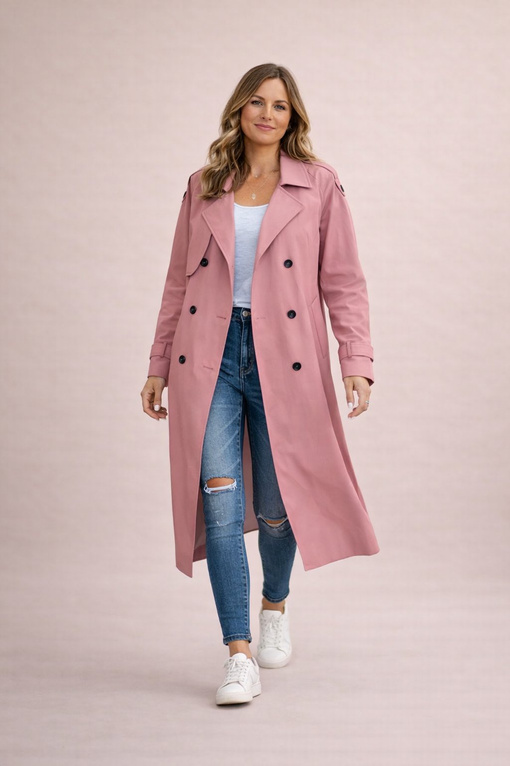 Women's Trench Coat Double Breasted with Belt and Notched Lapel - Pink