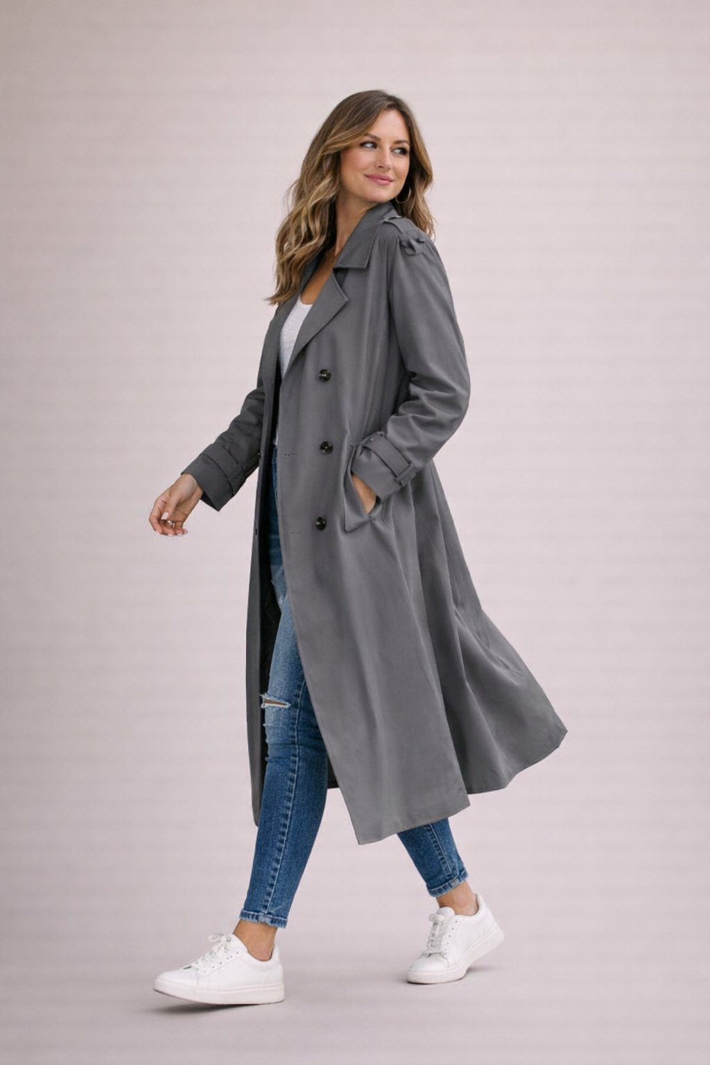Women's Trench Coat Double Breasted with Belt and Notched Lapel - Grey