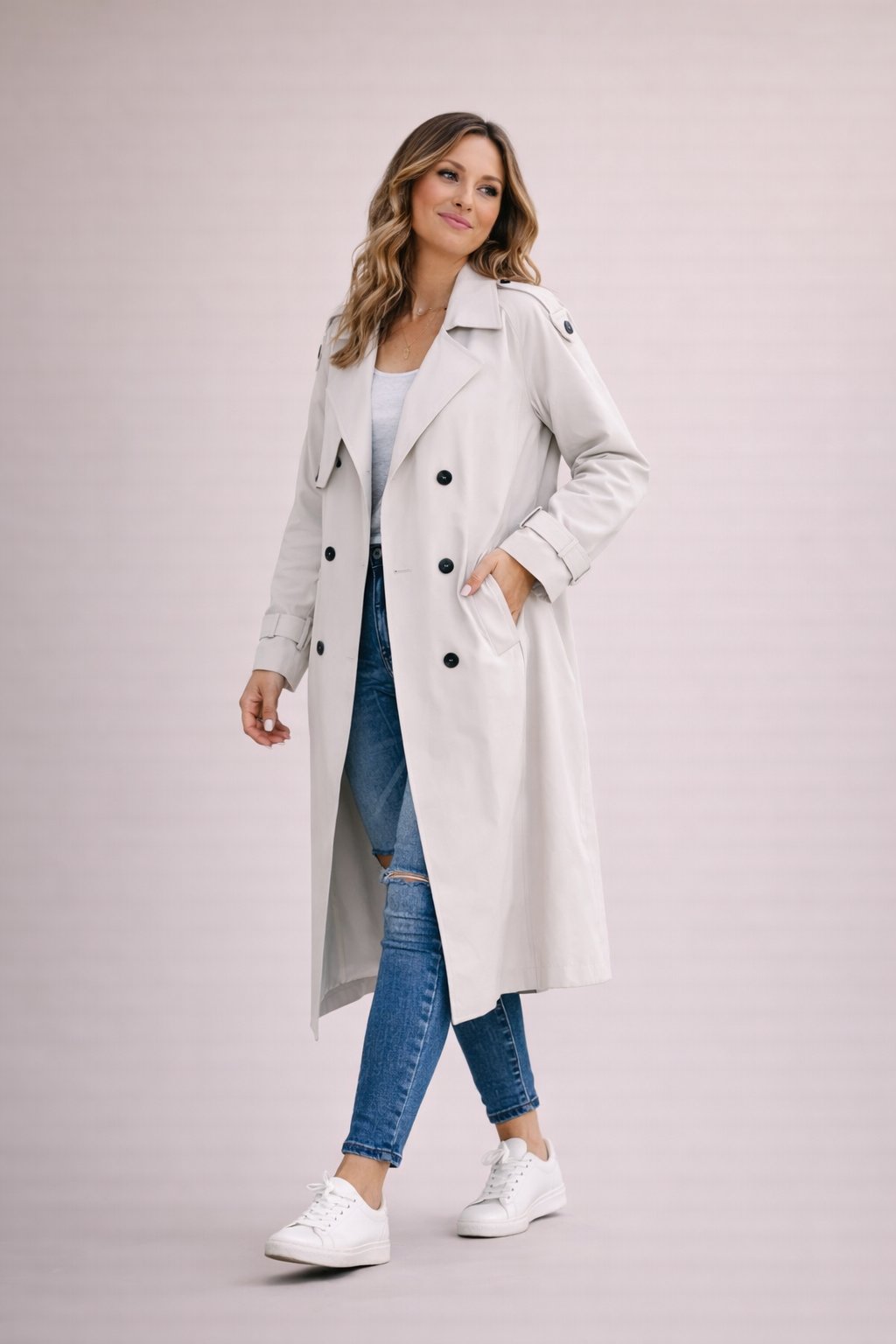 Women's Trench Coat Double Breasted with Belt and Notched Lapel - White