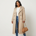 Women's Longline Trench Coat with Button Placket and Belted Waist - Beige