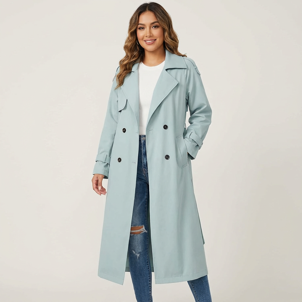 Women's Longline Trench Coat with Button Placket and Belted Waist - Blue