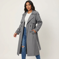 Women's Longline Trench Coat with Button Placket and Belted Waist - Grey