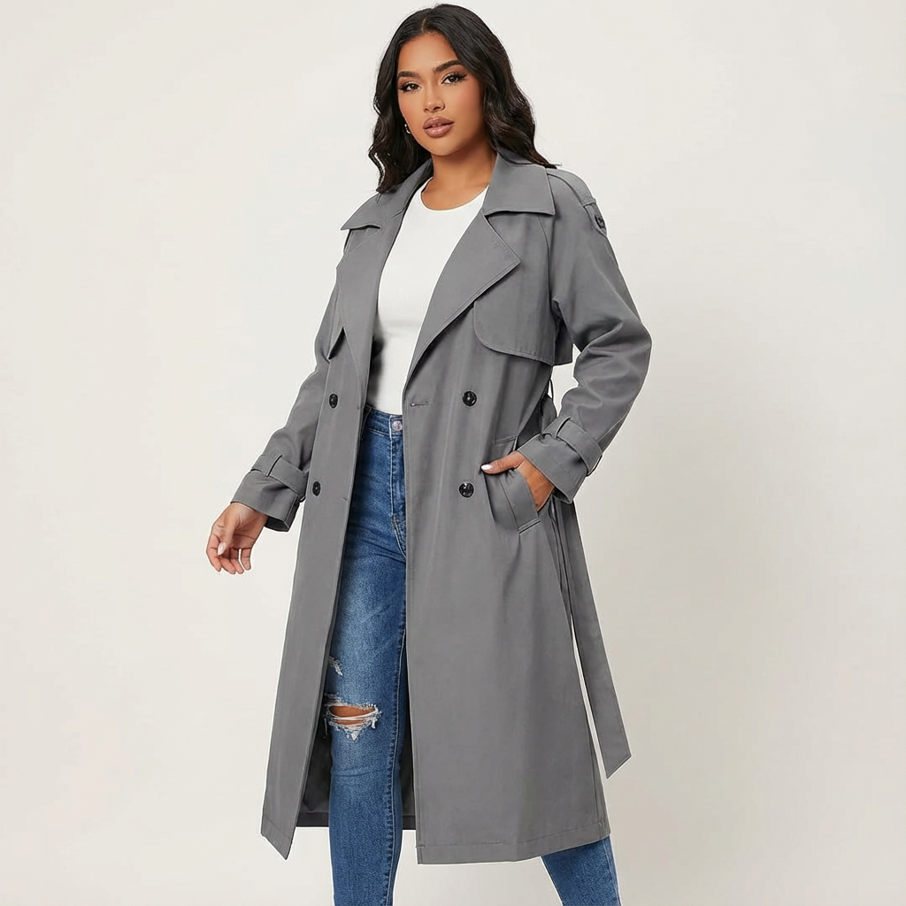 Women's Longline Trench Coat with Button Placket and Belted Waist - Grey
