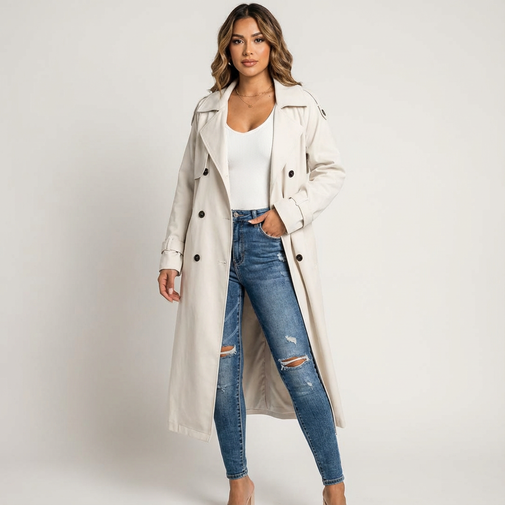 Women's Longline Trench Coat with Button Placket and Belted Waist - 4