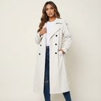 Women's Longline Trench Coat with Button Placket and Belted Waist - White