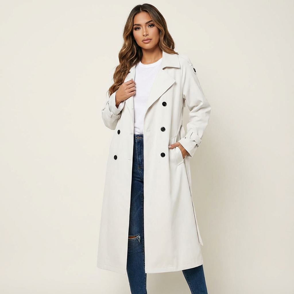 Women's Longline Trench Coat with Button Placket and Belted Waist - White