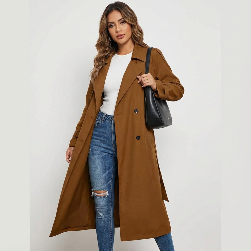 Women's Longline Trench Coat with Button Placket and Belted Waist - Brown