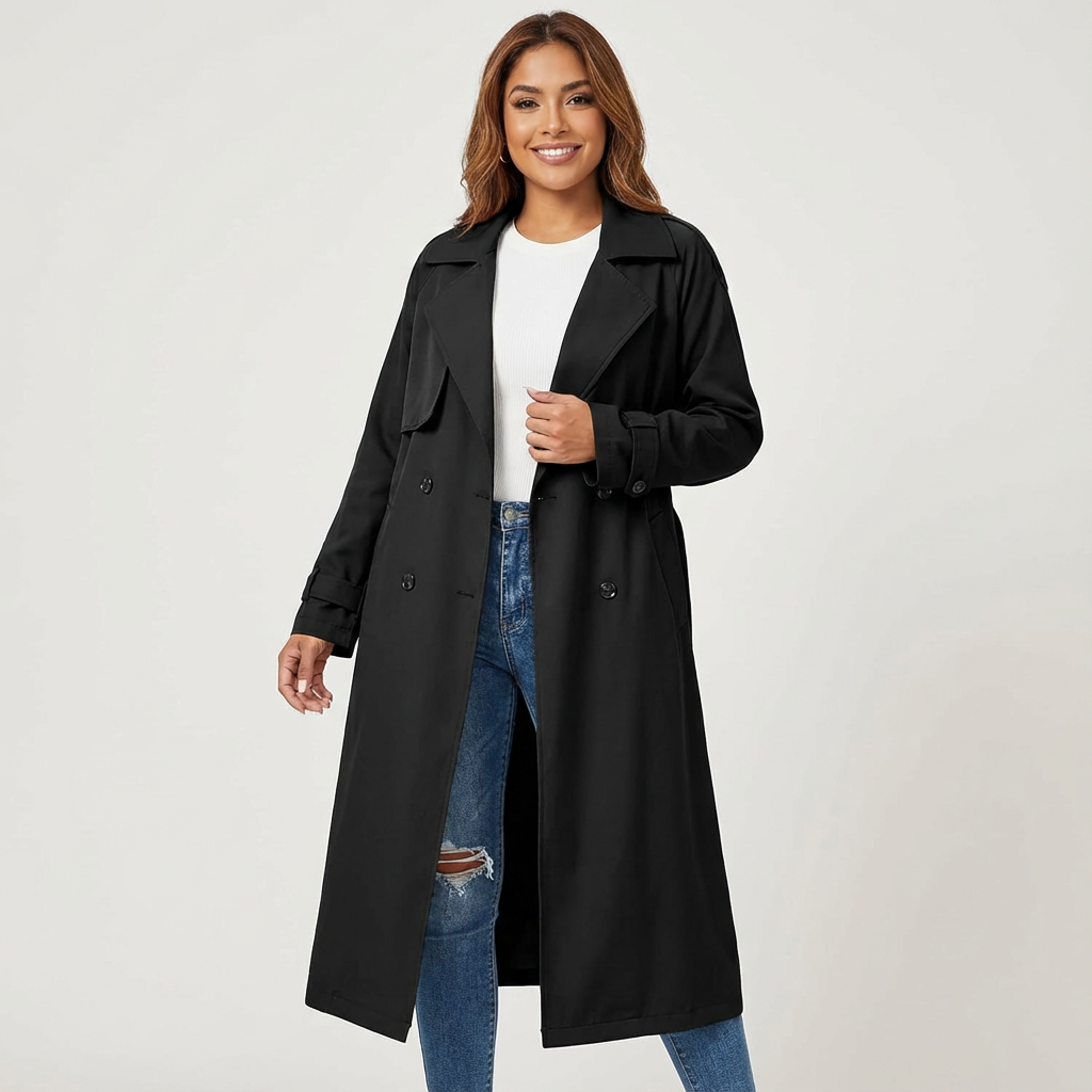 Women's Longline Trench Coat with Button Placket and Belted Waist - Black
