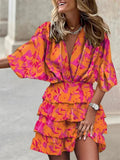 Women's V-Neck Ruffle Dress with Short Sleeves - Orange