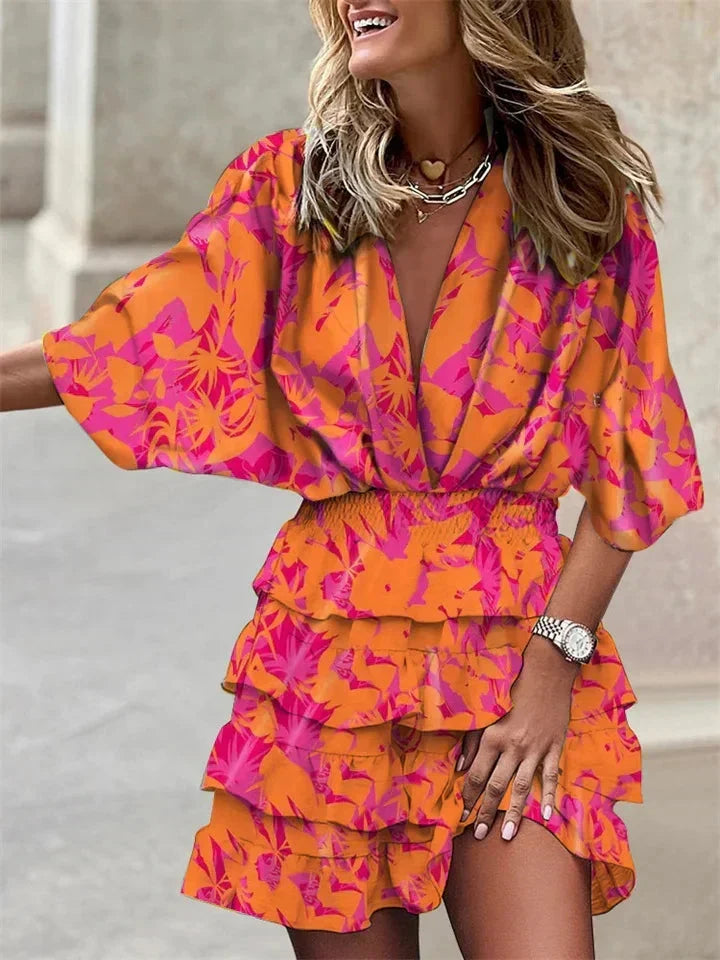 Women's V-Neck Ruffle Dress with Short Sleeves - Orange