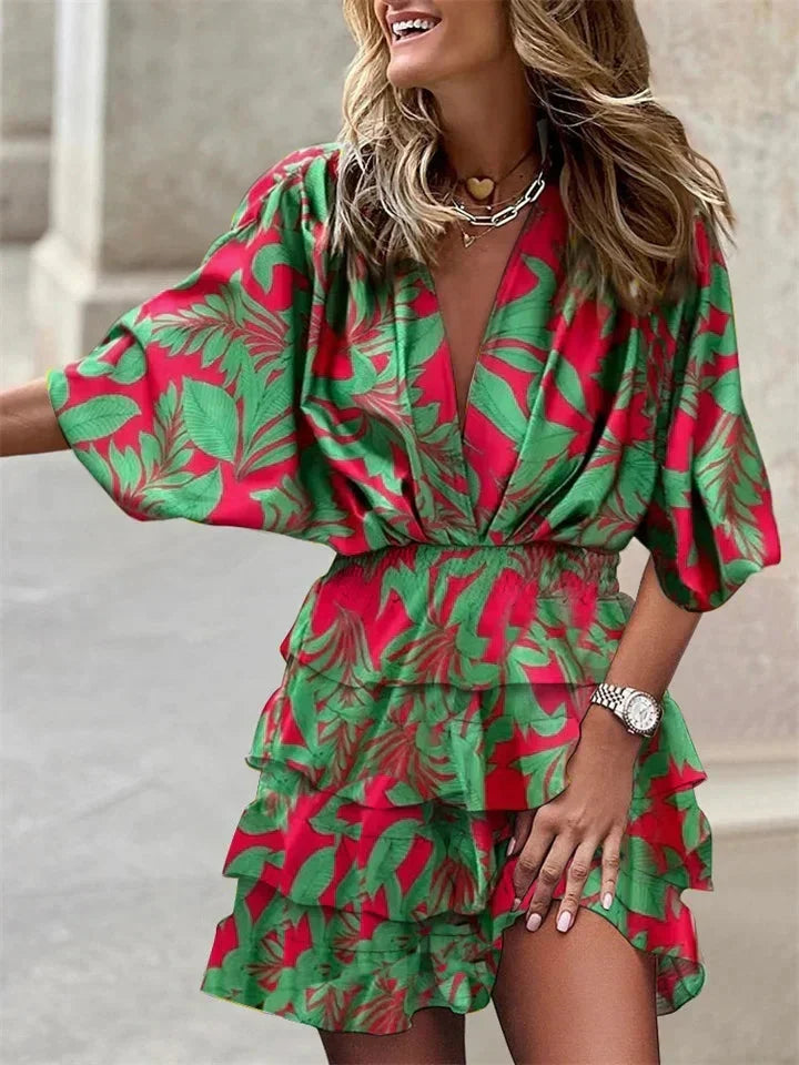 Women's V-Neck Ruffle Dress with Short Sleeves - Green