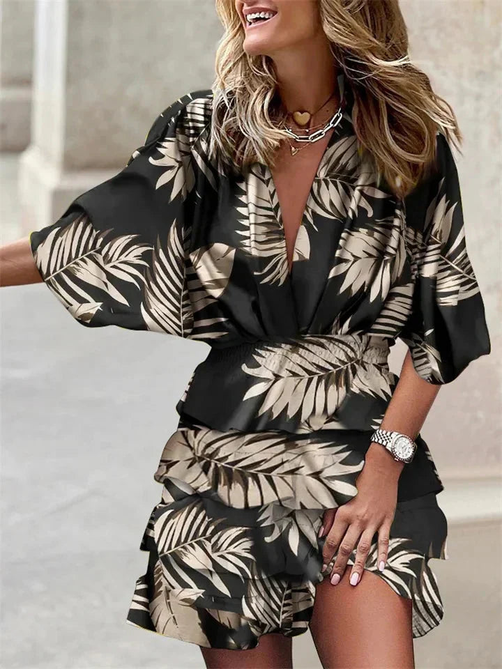Women's V-Neck Ruffle Dress with Short Sleeves - Black