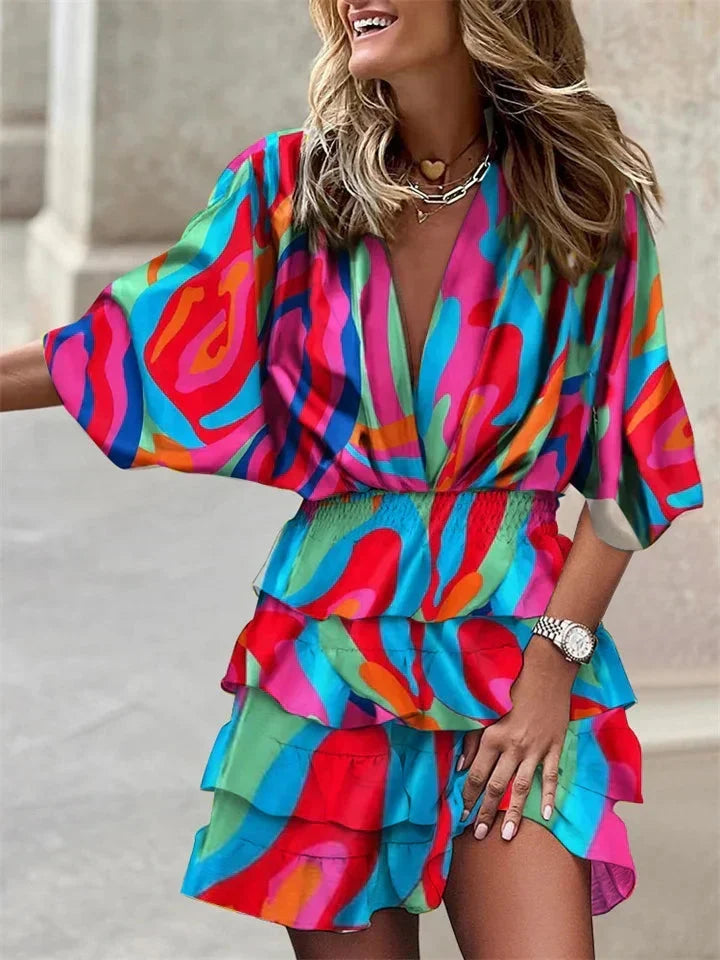 Women's V-Neck Ruffle Dress with Short Sleeves - Pink/Blue