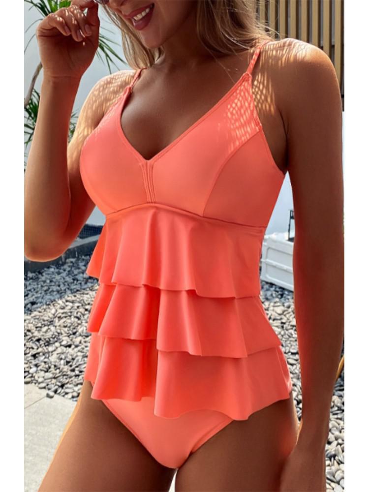 Women's Swimsuit V-Neck with Tiered Ruffles - Peach