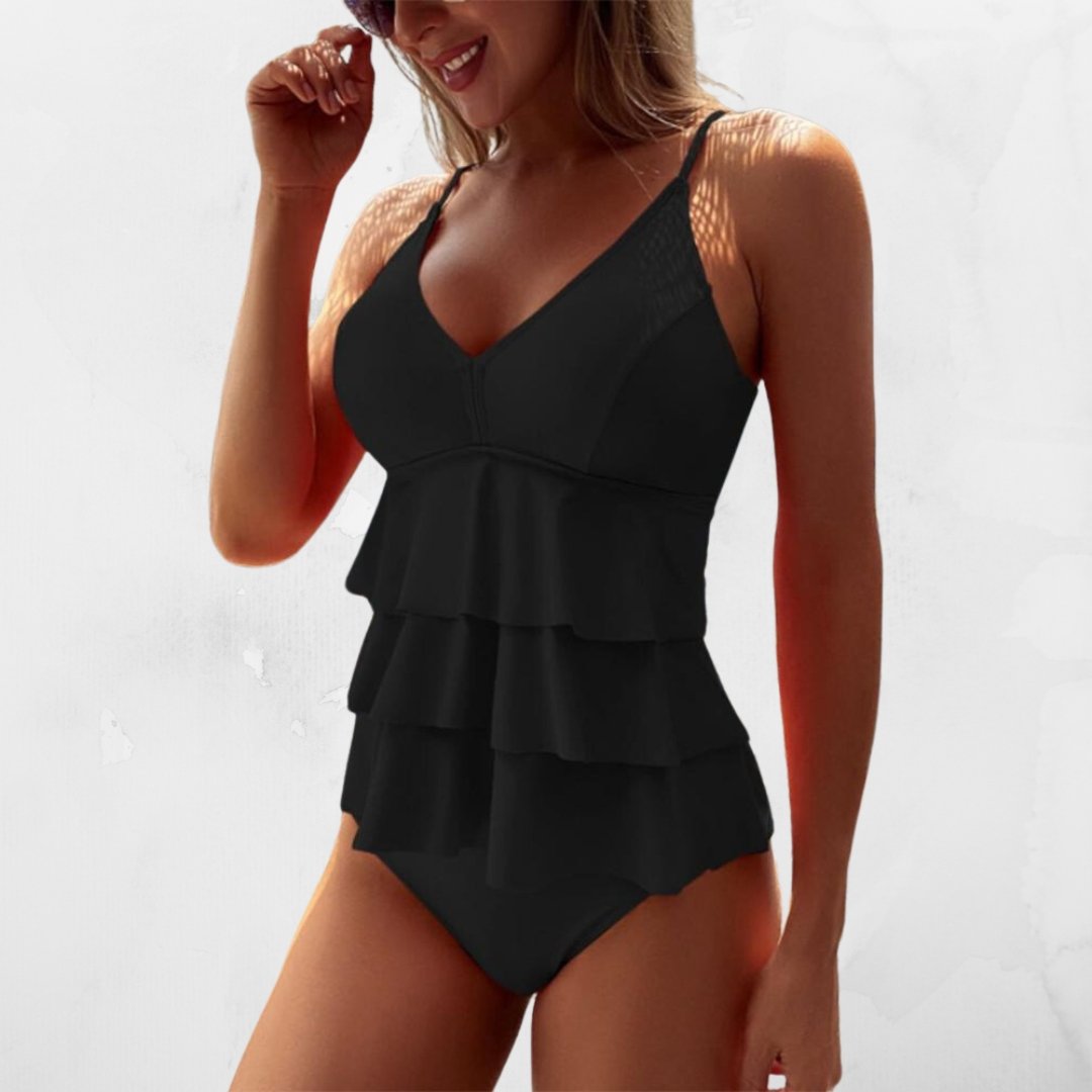 Women's Swimsuit V-Neck with Tiered Ruffles - Black