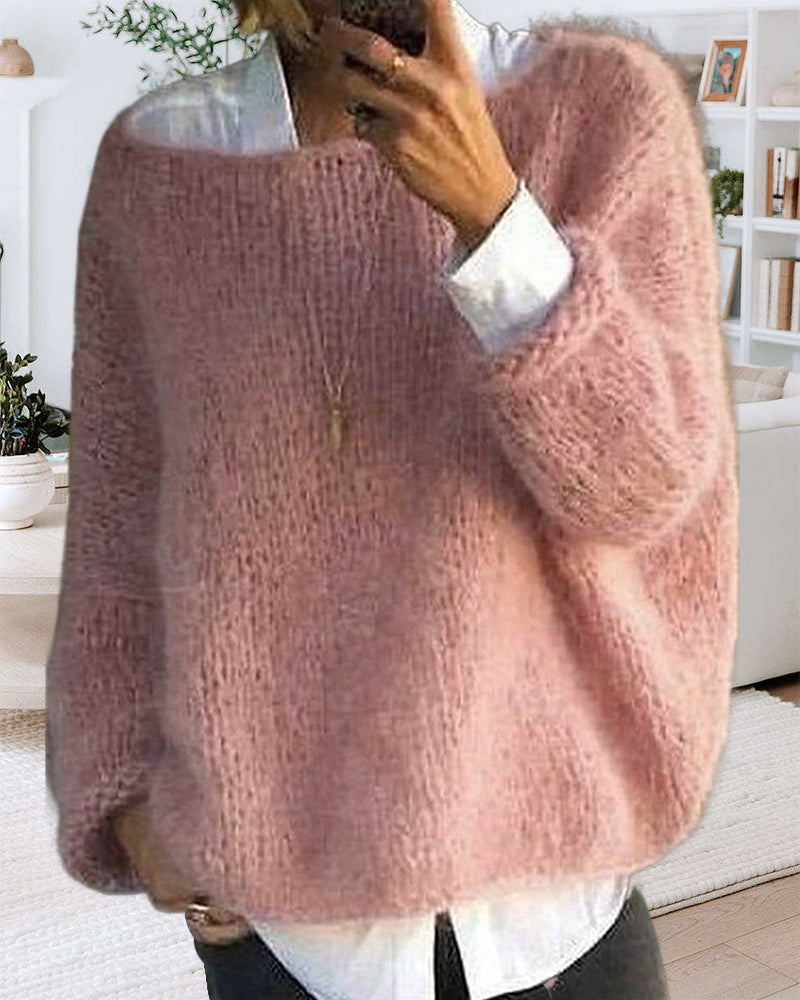 Women's Off Shoulder Jumper Fluffy Knit with Round Neck - 2