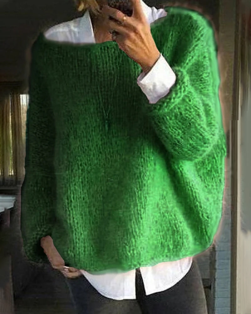 Women's Off Shoulder Jumper Fluffy Knit with Round Neck - 8