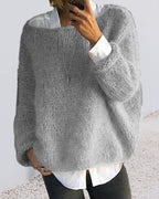 Women's Off Shoulder Jumper Fluffy Knit with Round Neck - Grey