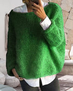 Women's Off Shoulder Jumper Fluffy Knit with Round Neck - Green