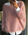 Women's Off Shoulder Jumper Fluffy Knit with Round Neck - Pink