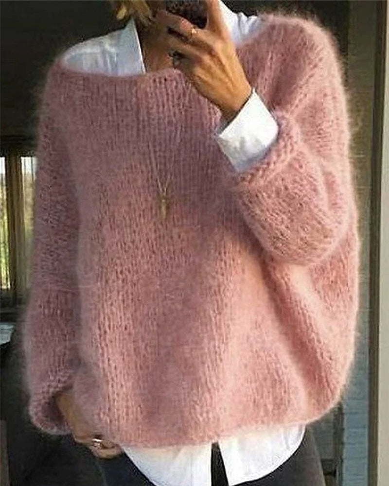Women's Off Shoulder Jumper Fluffy Knit with Round Neck - Pink
