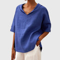 Women's Blouse Short Sleeve with V-Neck and Relaxed Fit - Blue
