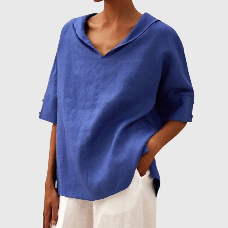 Women's Blouse Short Sleeve with V-Neck and Relaxed Fit - Blue