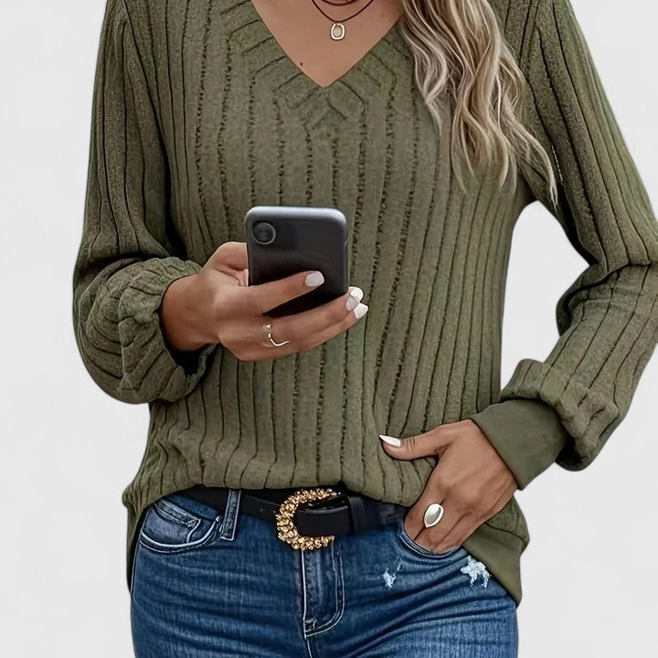 Women's Jumper V-Neck Ribbed Long Sleeve