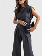 Women's Two-Piece Set Sleeveless Draped Top with Wide-Leg Trousers - 11