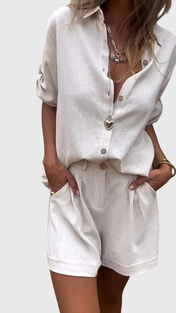 Women's Two-Piece Set Collared Shirt with Shorts