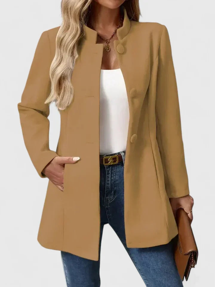 Women's Collarless Jacket with Button Closure and Waist Shaping - Camel