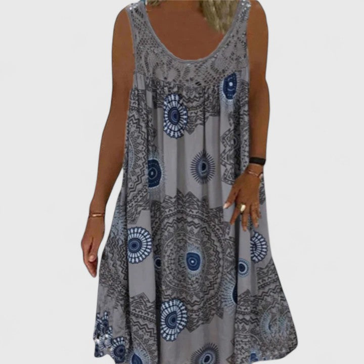 Women's Sleeveless Dress with Lace Yoke and Mandala Print - Grey