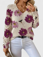 Women's Cardigan Floral Print with Lattice Sleeves and V-Neck - 16