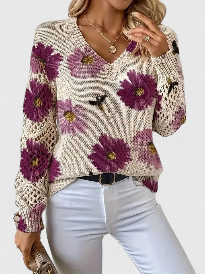 Women's Cardigan Floral Print with Lattice Sleeves and V-Neck - 16