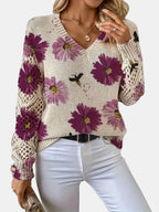 Women's Jumper V-Neck Floral Print with Crochet Sleeves - 16