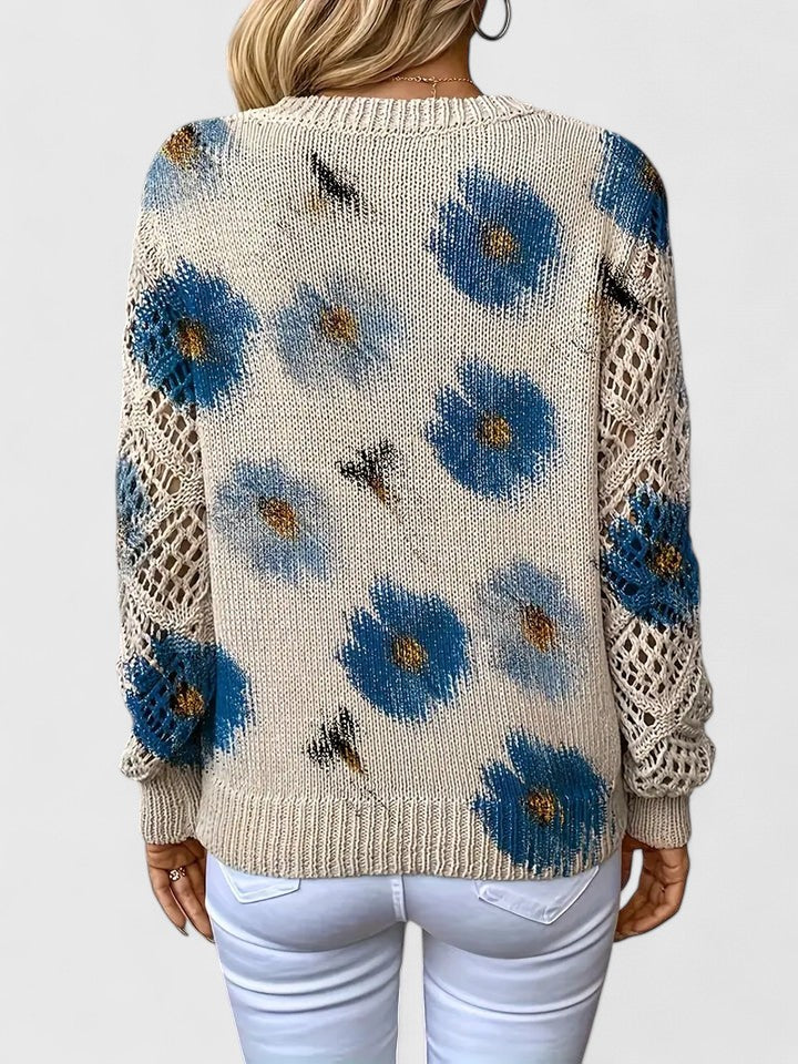 Women's Cardigan Floral Print with Lattice Sleeves and V-Neck - 17
