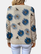 Women's Jumper V-Neck Floral Print with Crochet Sleeves - 17