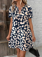 Women's Leopard Print Dress with Notch Neck and Short Sleeves - 10