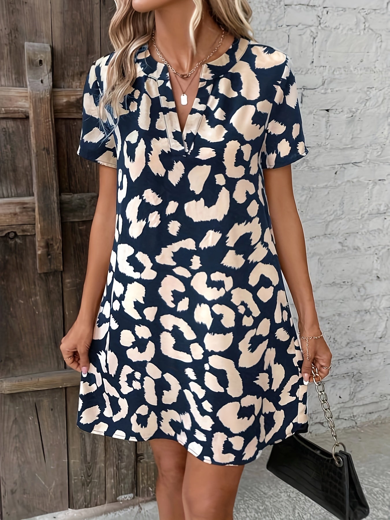 Women's Leopard Print Dress with Notch Neck and Short Sleeves - 10