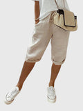 Women's Cropped Trousers with Drawstring Waist and Side Pockets - Beige