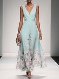 Women's Sleeveless Floral Print Dress with V-Neck and A-Line Silhouette - Light Green